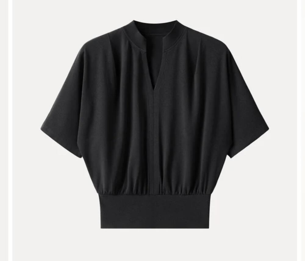 OGL Stand Collar V-Neck Short Sleeve Black Top Women's Size Small NEW
